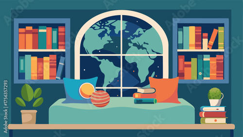 A cozy window seat piled high with colorful throw pillows and surrounded by floortoceiling bookshelves filled with books and trinkets from travels around the world.