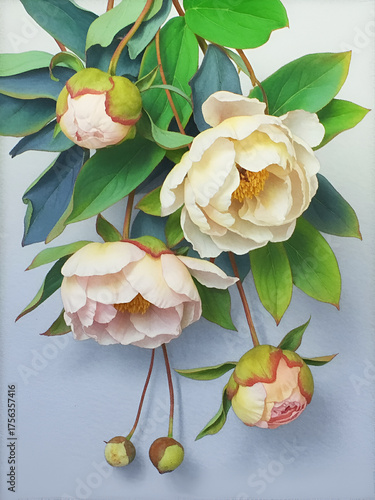 Delicate white peony blossoms with green leaves gracefully arching downwards in a gentle arrangement