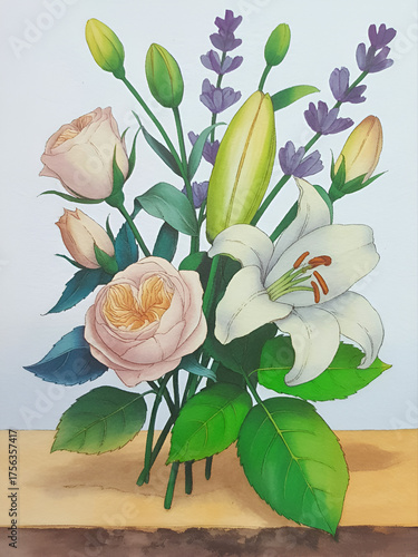 Delicate pastel flower arrangement featuring roses lilies and lavender blossoms