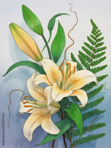 Delicate pale yellow lilies and green fern accented by green leaves