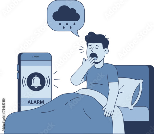 Tired man waking up early to a loud alarm on his phone, feeling sleepy, grumpy, and exhausted. A concept of a difficult morning routine, sleep deprivation, and a bad mood.
