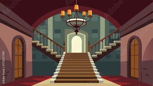 A foyer with a grand staircase made of reclaimed wood and a vintage chandelier hanging overhead.