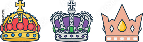 Collection of three ornate, richly jeweled royal crowns and tiaras representing monarchy, power, wealth, kingdom, medieval history, and ceremonial authority and regality.