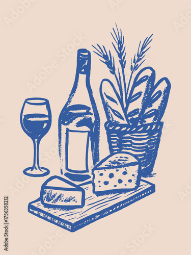 wine bottle cheese and baguette  hand drawn vector illustration