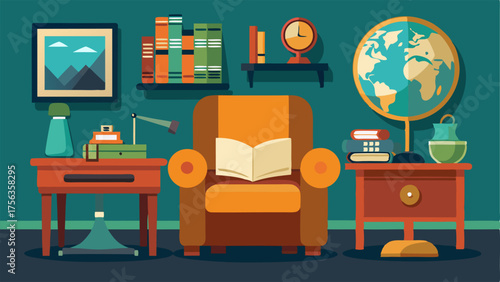 A cozy study with a vintage leather armchair an antique globe and an old typewriter.