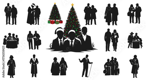 Vector art of collection of diverse people silhouettes in various poses and activities