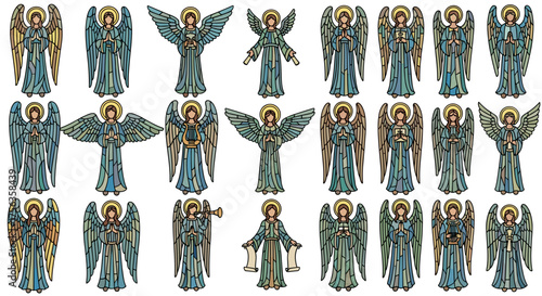 Vector art of collection of angels with wings and halos