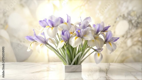 Iris flowers in vase on marble table with soft background  in modern interior