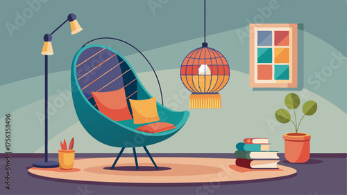 A corner reading nook with a rattan hanging chair and a floor lamp adorned with colorful tassels.