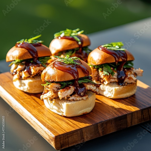 Delicious chicken sliders with barbecue sauce outdoor setting food photography sunny environment close-up view