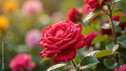 Red rose blooming in garden surrounded by colorful flowers  