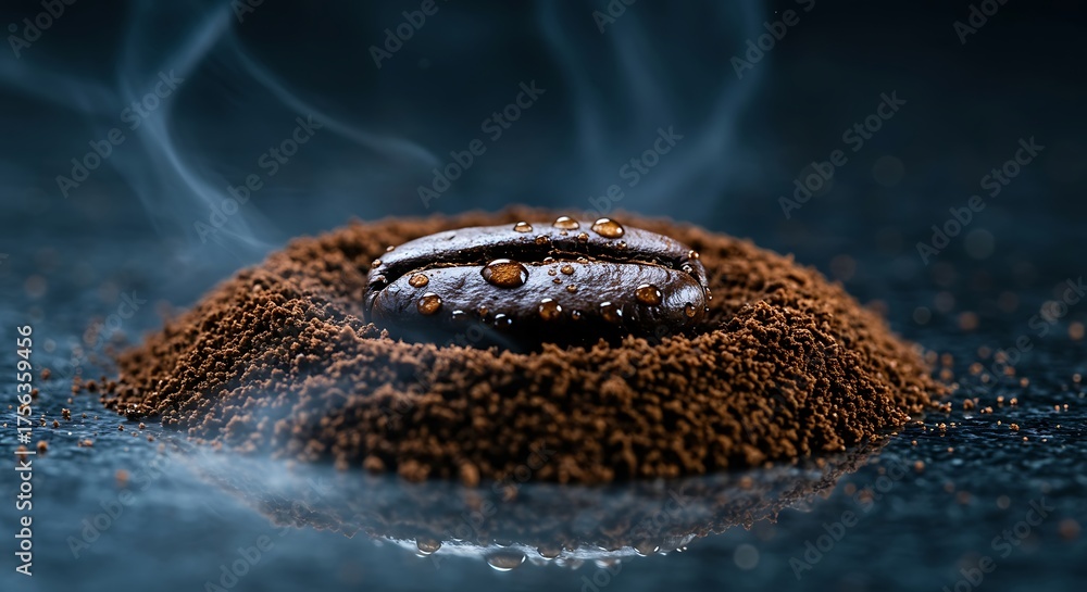 Fototapeta premium Coffee bean sits atop a mound of ground coffee on a dark surface, with rising steam creating a warm and inviting atmosphere.