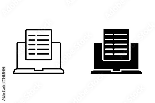 Collection of icons of different copywriting and blog styles. Lines, glyphs, and filled vector outlines and signs. Laptop with paper symbol, logo illustration. Vector graphics