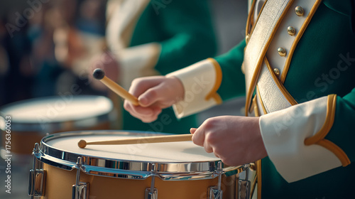 Drummers playing snare drums in marching band parade