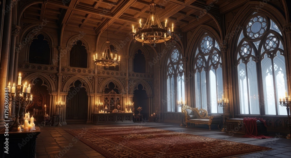 Fototapeta premium Grand Hall of Majesty: This expansive grand hall captures the essence of timeless elegance and architectural brilliance. Illuminated by chandeliers, candles, and an abundance of natural light.