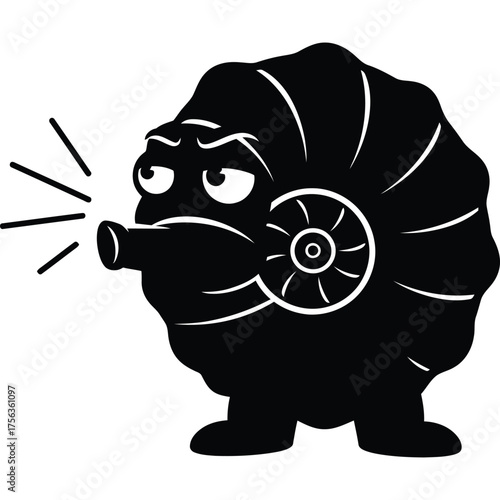 Cartoon character with a shell and a grumpy expression horn blowing black white illustration vector design