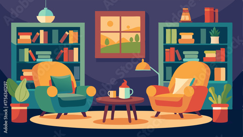 A cozy corner with comfortable armchairs and a bookshelf inviting people to relax and enjoy their meals while reading.
