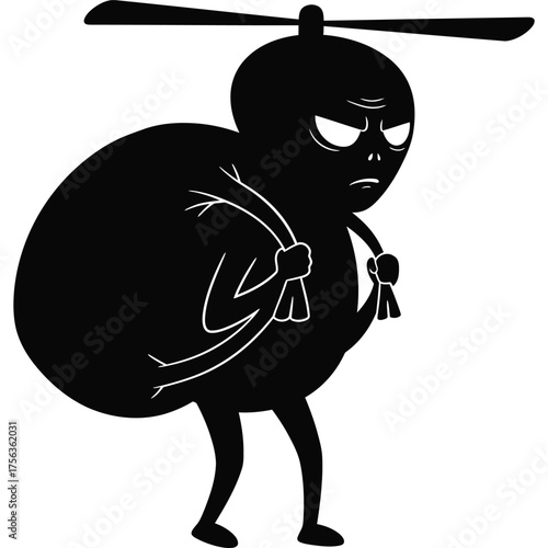 Cartoon Character with Propeller Hat Carrying a Sack bag angry illustration vector black white funny humor