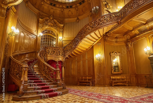 Grand wooden staircase in the historic House of Scientists in Lviv, Ukraine.