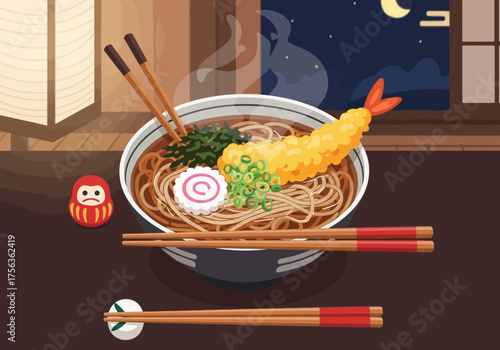 A bowl of noodle soup with tempura shrimp next to a daruma doll with chopsticks and a nighttime window view