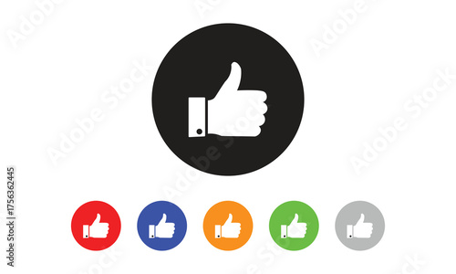Minimalist thumbs up icons in black and colorful circles arranged above in clean vector illustration representing approval and agreement