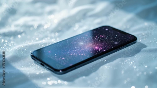 A modern smartphone displaying starry wallpapers on a reflective surface
