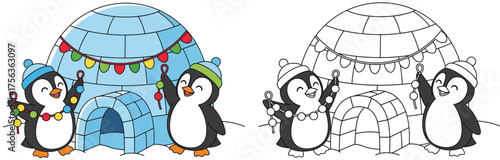 Adorable penguins decorate a cozy igloo with colorful Christmas lights, ready for a festive winter celebration.