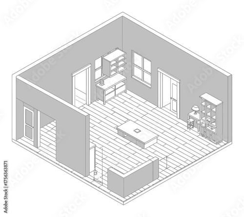 Minimalist Axonometric Room Interior Technical Drawing - Clean Vector Design