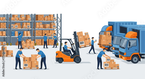 Warehouse Operations Forklift, Workers, and Logistics Illustration