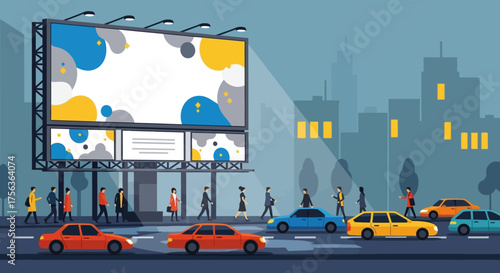 Giant billboard overlooking a busy city street at night with cars and pedestrians passing by