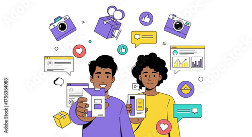 Couple showcasing products with e-commerce icons representing online business and social media marketing