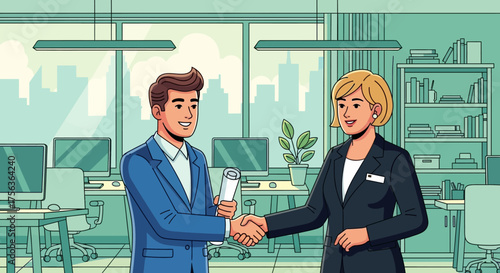 Two professionals are shaking hands in a modern office environment, symbolizing a successful partnership or new beginning