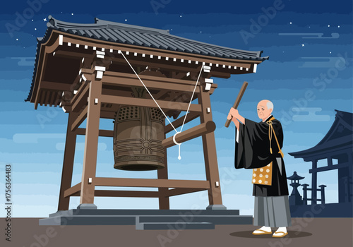 A monk rings a temple bell at night beneath a starry sky