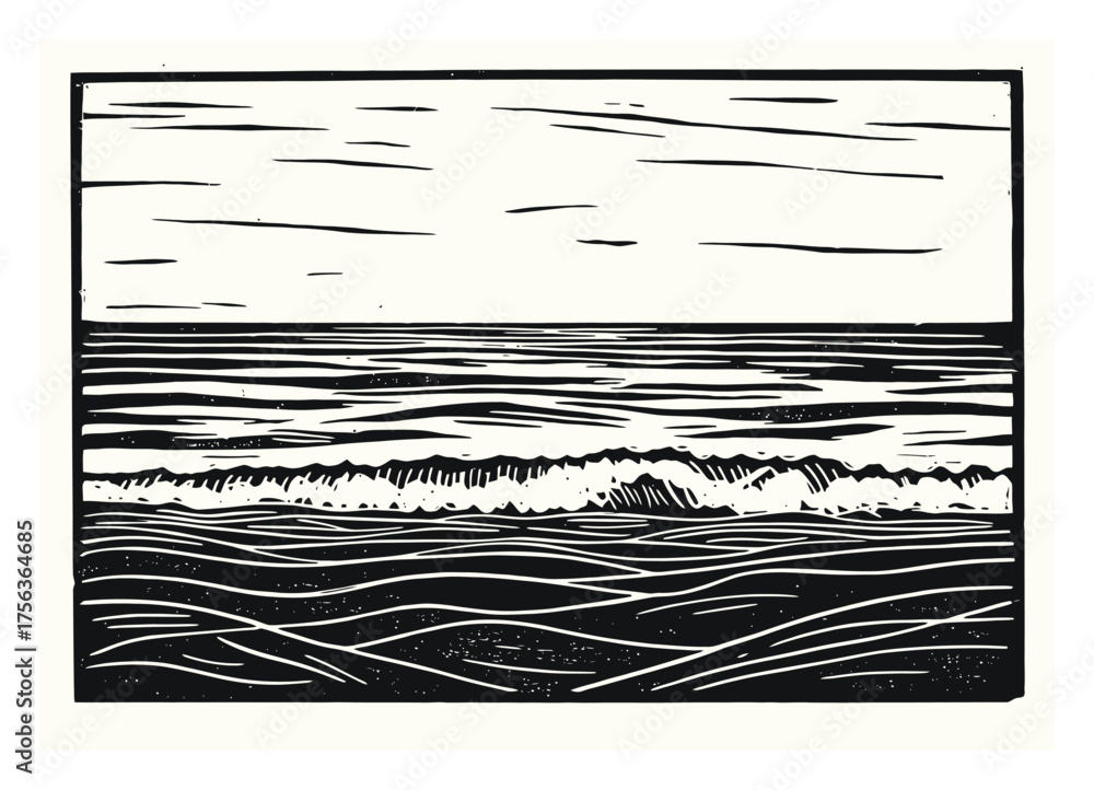 custom made wallpaper toronto digitalMinimalist Linocut Ocean Scene Vector Art, Bold Relief Print Design