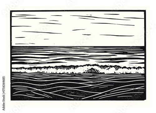 Wallpaper Mural Minimalist Linocut Ocean Scene Vector Art, Bold Relief Print Design Torontodigital.ca