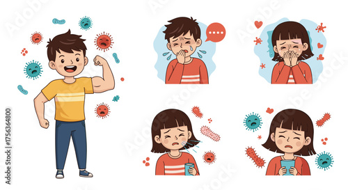 A strong person surrounded by germs while others are sick and coughing.
