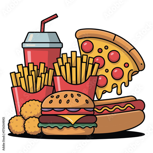 Assortment of delicious fast food items including pizza burger and fries