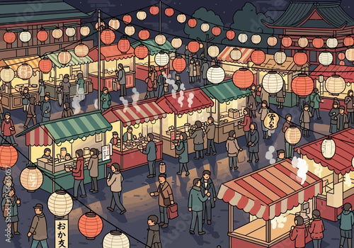 A nighttime festival scene with many people market stalls and hanging lanterns