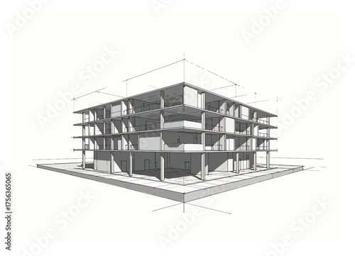 Minimalist Architectural Sketch: Oblique Projection Vector Design with Clean Lines