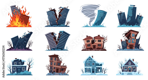 Collection of pixel art illustrations depicting various natural disasters impacting urban and suburban environments with buildings in states of disrepair and destruction.