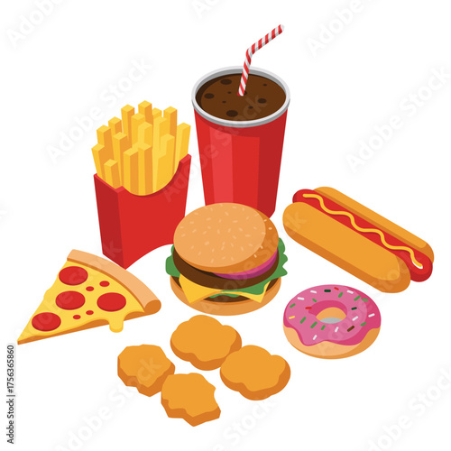 Assortment of popular fast food items including pizza burger fries and drink