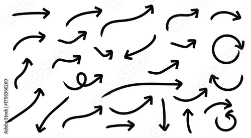 Hand drawn arrow collection isolated on white background set of different black arrows vector illustration of pointers, direction indicators