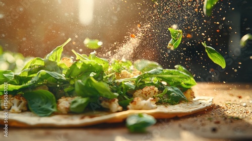 Fototapeta Naklejka Na Ścianę i Meble -  Fresh herb topping preparation kitchen food photography warm lighting close-up culinary art