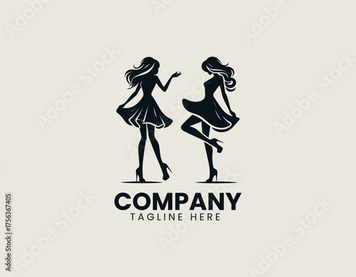 Dynamic fashionable young woman silhouette vector logo illustration in short dress and high heels striking playful pose. Fashion concept