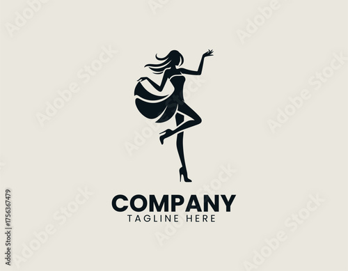 Dynamic fashionable young woman silhouette vector logo illustration in short dress and high heels striking playful pose. Fashion concept