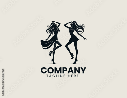 Dynamic fashionable young woman silhouette vector logo illustration in short dress and high heels striking playful pose. Fashion concept