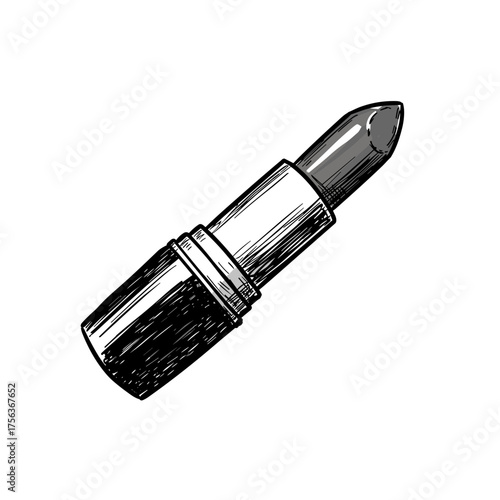 Sketch of black lipstick in cylindrical container with cap, black and white vector illustration on transparent background      