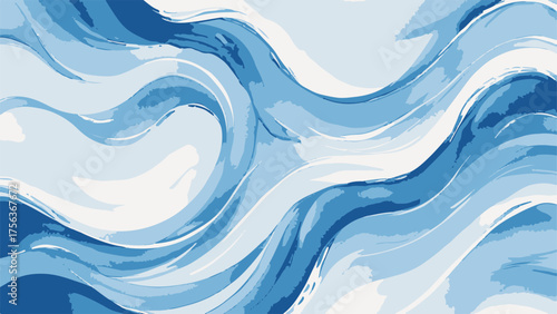 Abstract watercolor painting of flowing blue and white waves, blending soft gradients and smooth motion. Elegant fluid art symbolizing water movement, tranquility, and oceanic harmony.