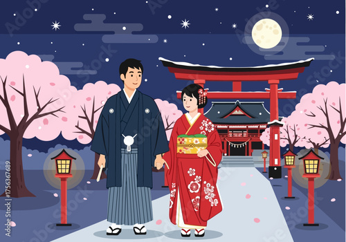 Couple in kimonos walk past a temple under a full moon amid lanterns and cherry blossoms