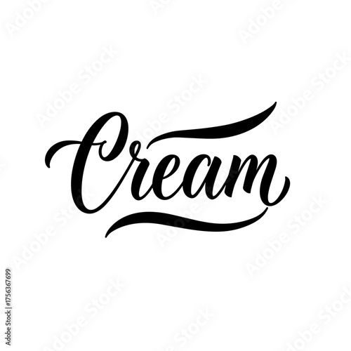 Cream handwritten in elegant script with decorative swirls, black and white vector illustration on transparent background      